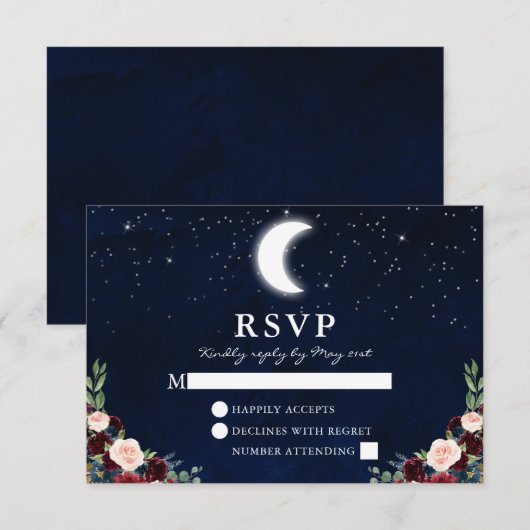 Celestial Bruiloft Blauwe Hemel Maan Sterren Bloem RSVP Kaartje (Voorkant / Achterkant)