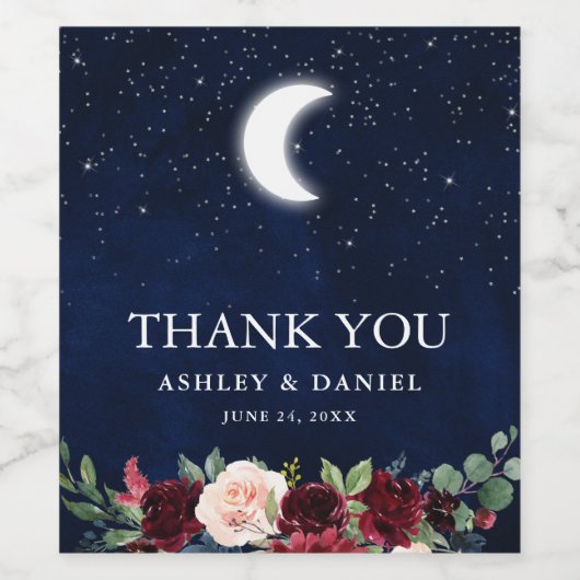 Celestial Bruiloft Blauwe Hemel Maan Sterren Bloem Wijn Etiket (Enkel label)