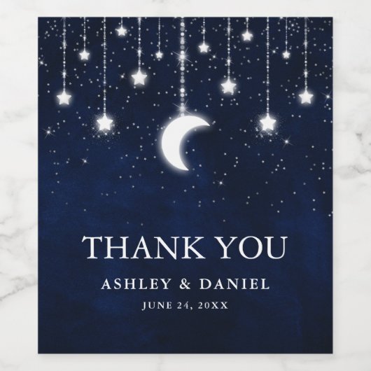 Celestial Bruiloft Blauwe Hemel Maan Sterren Licht Wijn Etiket (Enkel label)