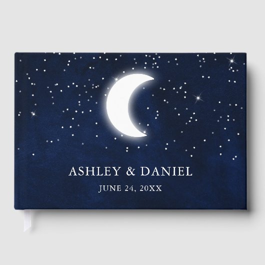Celestial Bruiloft Blauwe Nacht Sterren Maan Bruil Gastenboek (Voorkant)