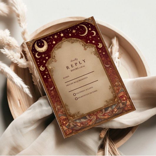 Celestial Burgundy Baroque Wedding RSVP Kaartje