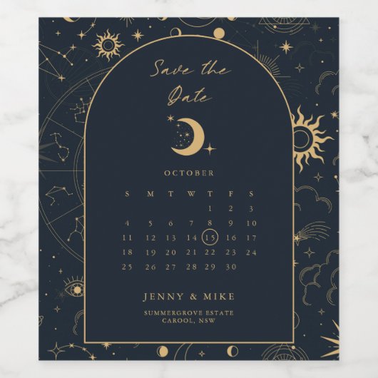 Celestial Calendar Arch Save the Date Wijn Etiket (Enkel label)