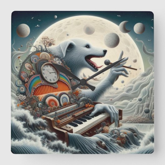 Celestial Canis Pianist Vierkante Klok (Voorkant)