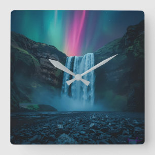 Celestial Cascade Clock – Majestic Aurora Vierkante Klok