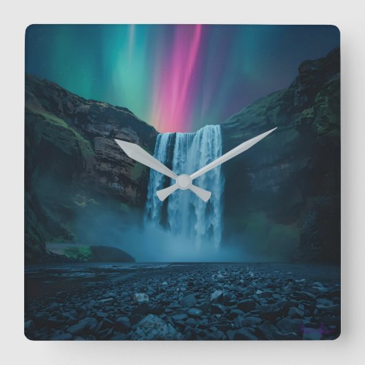 Celestial Cascade Clock – Majestic Aurora Vierkante Klok (Voorkant)