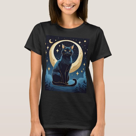 Celestial Cat T-shirt – Mystic Moon & Stars Under (Voorkant)
