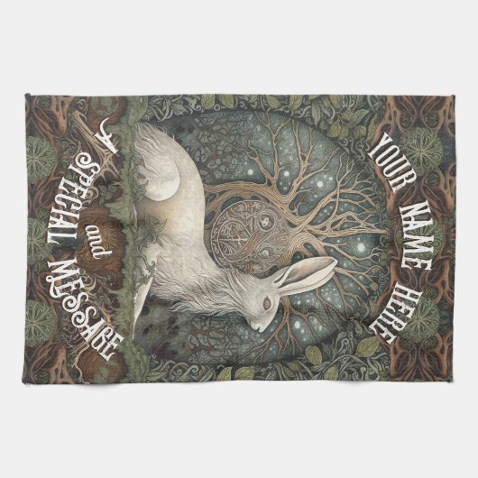 Celestial Celtic Hare met bomen en Natuur Theedoek (Horizontaal)