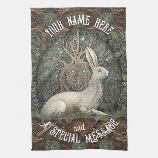 Celestial Celtic Hare met bomen en Natuur Theedoek (Verticaal)
