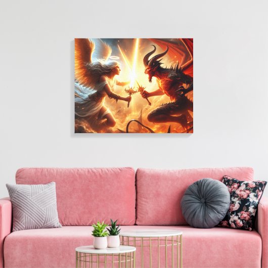 Celestial Clash: rood en goud Canvas Afdruk (Insitu (Woonkamer))