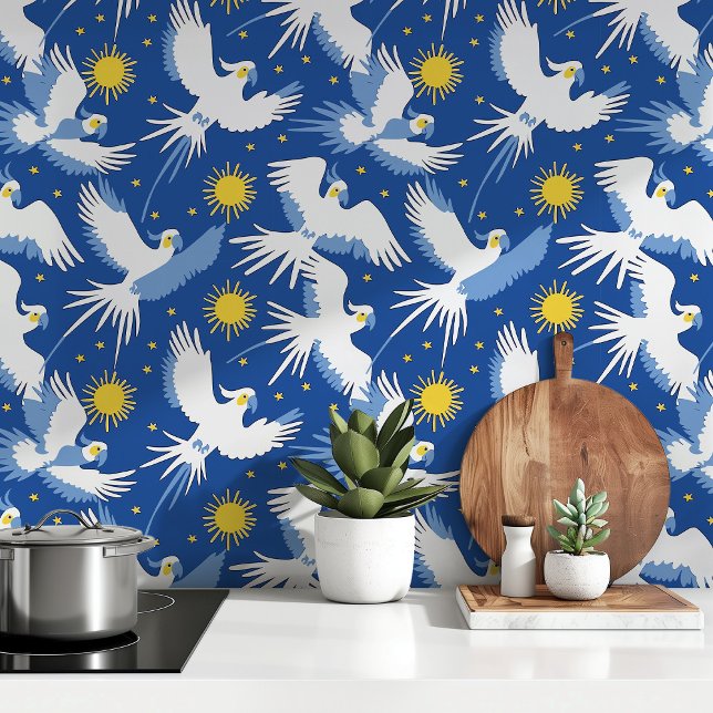 Celestial Cockatoos op Blauw Behang (Creator heeft geüpload)