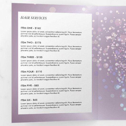 Celestial Confetti Glow Paarse Beauty Brochure Drieluik Kaart (Binnenzijde eerst)