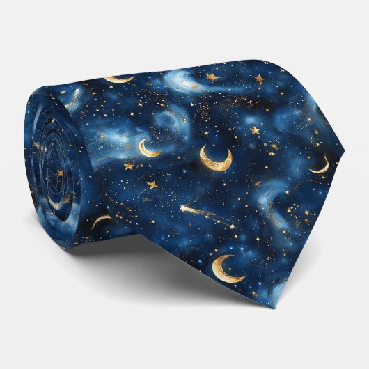 Celestial Constellation Maan en Sterren Patroon Stropdas (Opgerold)