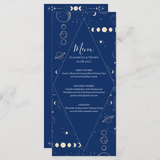 Celestial cosmic ethereal sun moon stars wedding menu (Voorkant / Achterkant)