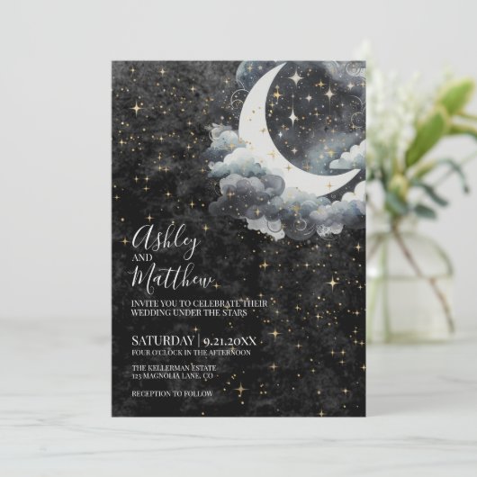 Celestial Crescent Moon bruiloft Kaart (Staand voorkant)