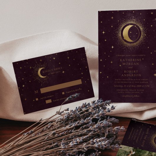 Celestial Crescent Moon Gold RSVP Response Kaart