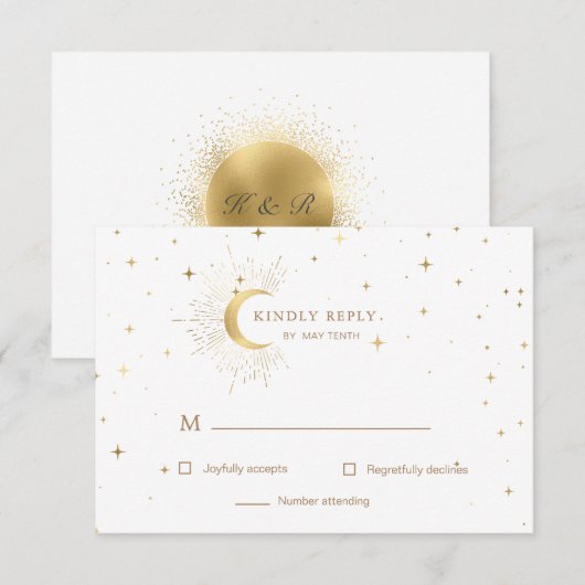 Celestial Crescent Moon Gold RSVP Response Kaart (Voorkant / Achterkant)