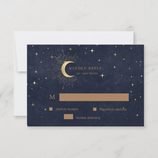 Celestial Crescent Moon Gold RSVP Response Kaart (Voorkant)
