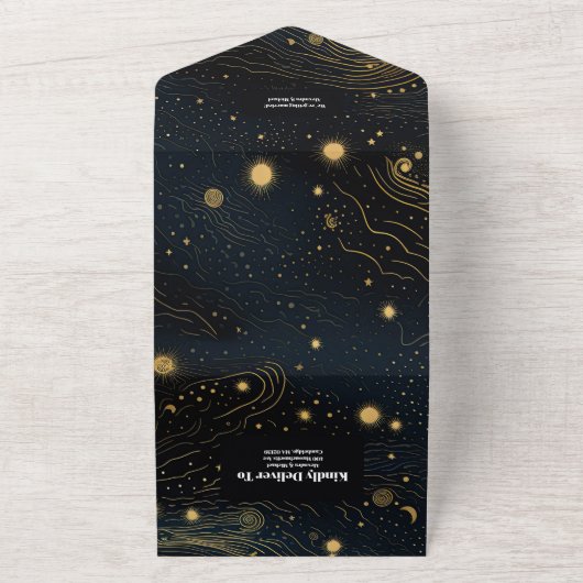 Celestial Crescent Moon Gouden Bruiloft All In One Uitnodiging (Buitenkant)