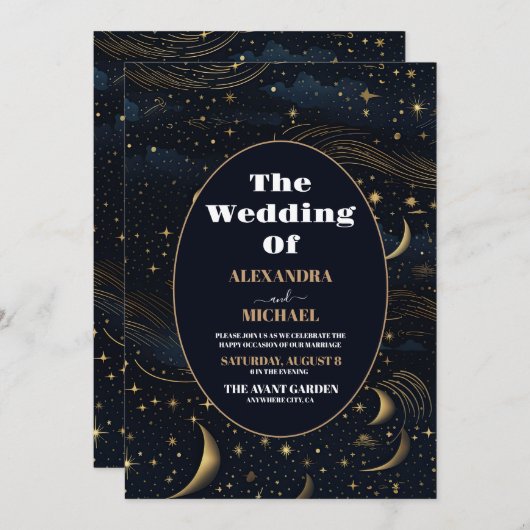 Celestial Crescent Moon Gouden Bruiloft Kaart (Voorkant / Achterkant)