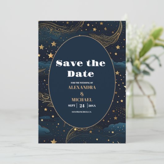 Celestial Crescent Moon Gouden Bruiloft Save The Date (Staand voorkant)