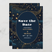 Celestial Crescent Moon Gouden Bruiloft Save The Date (Voorkant / Achterkant)