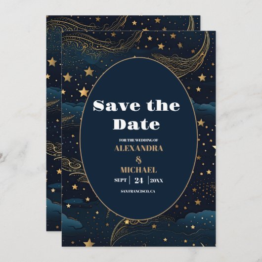 Celestial Crescent Moon Gouden Bruiloft Save The Date (Voorkant / Achterkant)