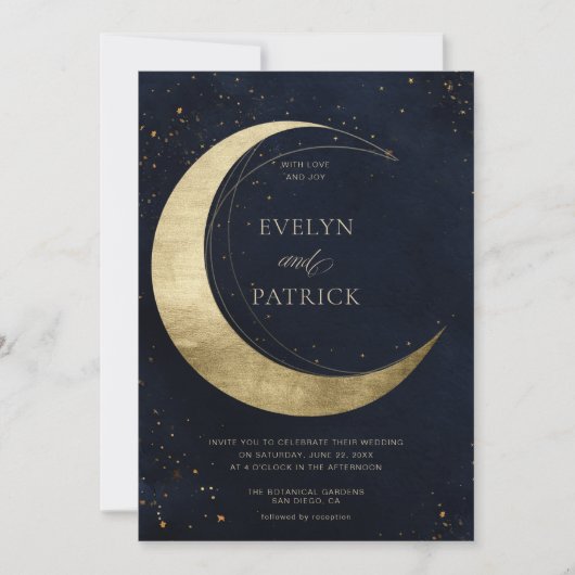 Celestial Crescent Moon Moody Navy Modern Wedding Kaart (Voorkant)