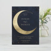 Celestial Crescent Moon Moody Navy Modern Wedding Kaart (Staand voorkant)