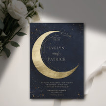 Celestial Crescent Moon Moody Navy Modern Wedding