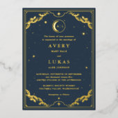Celestial Crescent Moon Navy Blauw Bruiloft Goud Folie Uitnodiging (Voorkant)