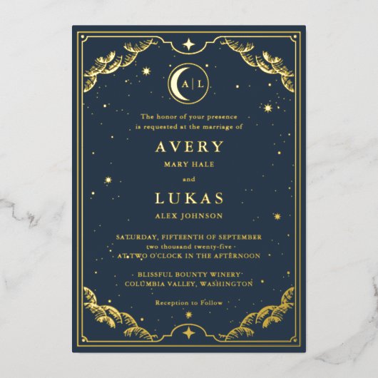 Celestial Crescent Moon Navy Blauw Bruiloft Goud Folie Uitnodiging (Voorkant)
