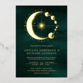 Celestial Crescent Moon Phase Emerald Wedding Gold Folie Uitnodiging (Voorkant)