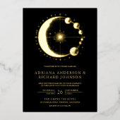 Celestial Crescent Moon Phases Black Wedding Gold Folie Uitnodiging (Voorkant)