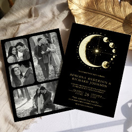 Celestial Crescent Moon Phases Black Wedding Gold Folie Uitnodiging