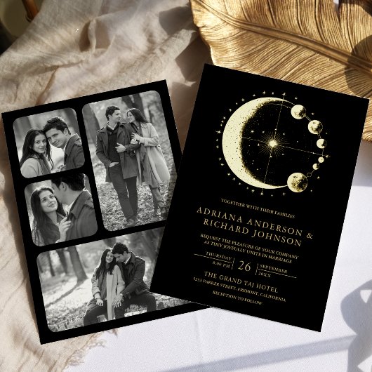 Celestial Crescent Moon Phases Black Wedding Gold Folie Uitnodiging