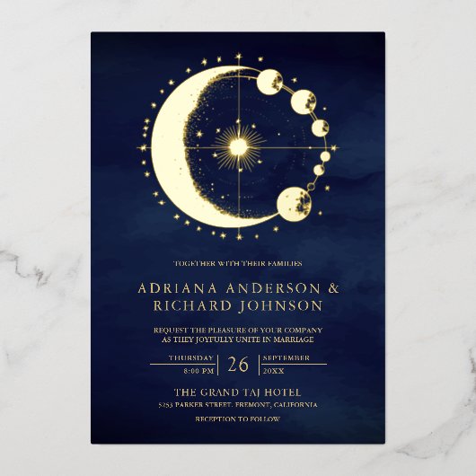 Celestial Crescent Moon Phases Blue Wedding Gold Folie Uitnodiging (Voorkant)