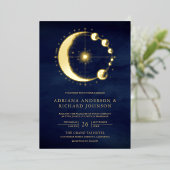 Celestial Crescent Moon Phases Blue Wedding Gold Folie Uitnodiging (Staand Voorkant)