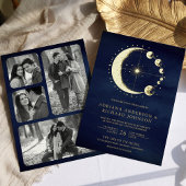 Celestial Crescent Moon Phases Blue Wedding Gold Folie Uitnodiging