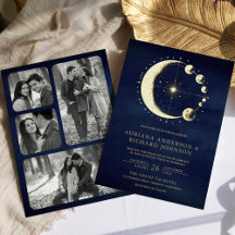 Celestial Crescent Moon Phases Blue Wedding Gold