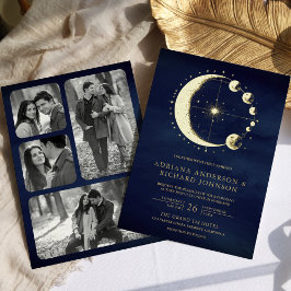 Celestial Crescent Moon Phases Blue Wedding Gold Folie Uitnodiging