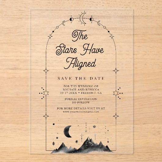 Celestial Crescent Moon Wedding Save the Date Acryl Uitnodigingen (Voorkant)