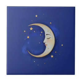 Celestial Crescent Moon with Face Gold Dark Blue Tegeltje