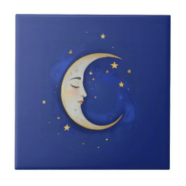Celestial Crescent Moon with Face Gold Dark Blue Tegeltje