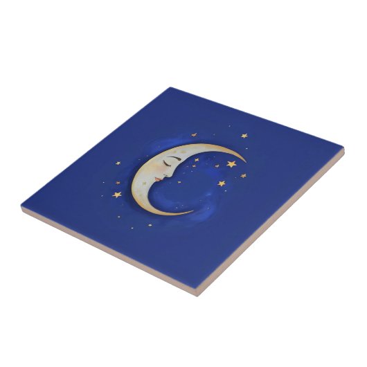 Celestial Crescent Moon with Face Gold Dark Blue Tegeltje (Zijkant)