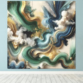 Celestial Currents – Abstract goud en smaragdgroen Canvas Afdruk (Insitu (Houten vloer))