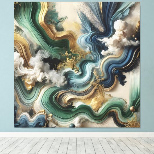 Celestial Currents – Abstract goud en smaragdgroen Canvas Afdruk (Insitu (Houten vloer))