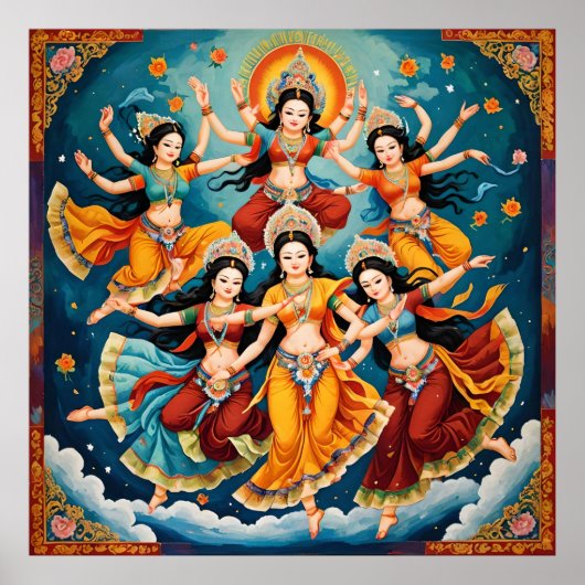 Celestial Dancers Procession - Thangka & Kalamkari Poster (Voorkant)