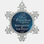 Celestial Deep Blue Onze eerste kerst samen Tin Sneeuwvlok Ornament (Voorkant)