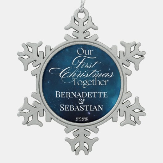 Celestial Deep Blue Onze eerste kerst samen Tin Sneeuwvlok Ornament (Voorkant)