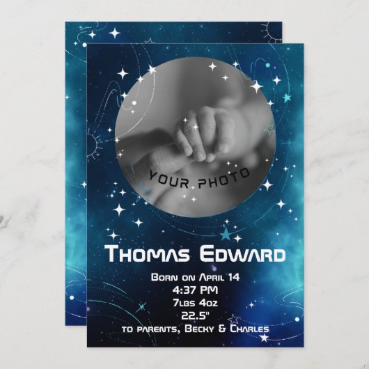Celestial Deep Blue Outer Space Pasgeboren Geboort Aankondiging (Voorkant / Achterkant)